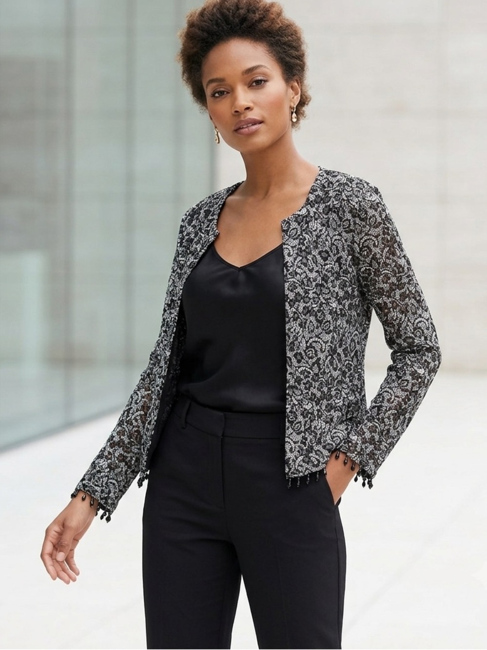 MSK Beaded Floral Cardigan Black & White with Sequins Women’s Size Small